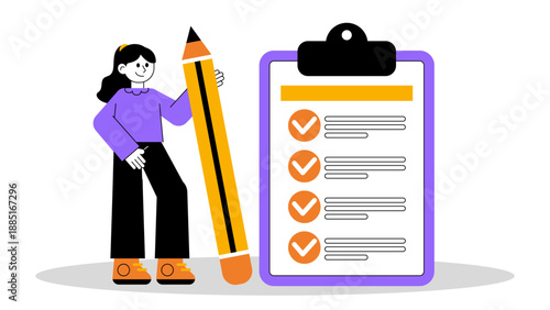 Professional woman with a large pencil ticking off tasks on a purple clipboard