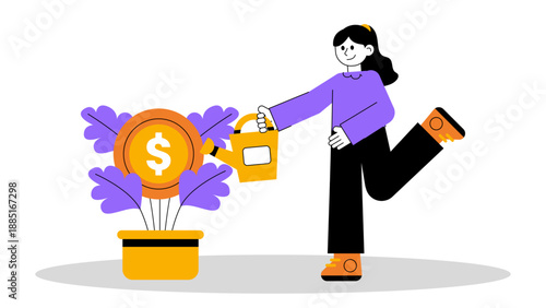 A woman watering a plant with a large gold dollar coin growing out of it symbolizing financial growth and investment