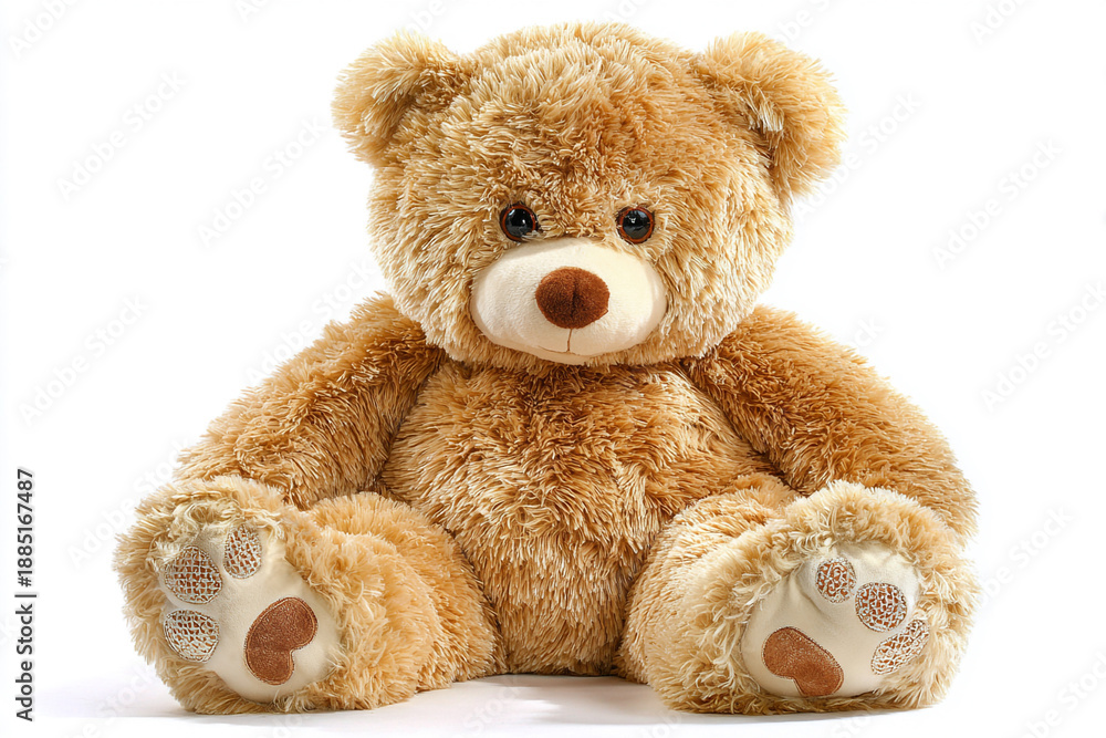 Obraz premium Adorable teddy bear with soft, fluffy fur sitting upright against a clean white backdrop, perfect for comfort, childhood, and gift concepts