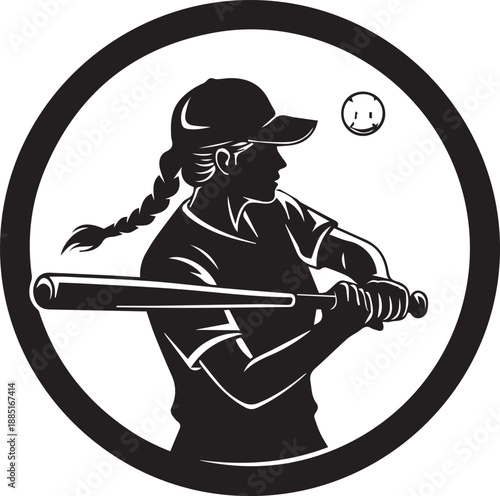 Female softball player silhouette with bat and ball in round frame for team branding and sports graphics