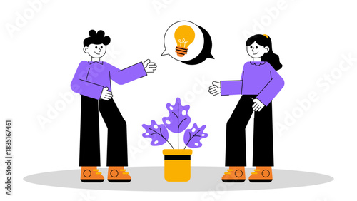 Two professionals meeting and sharing ideas represented by a lightbulb above a growing plant