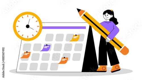 A woman using a giant pencil to mark important dates and deadlines on a large desk calendar