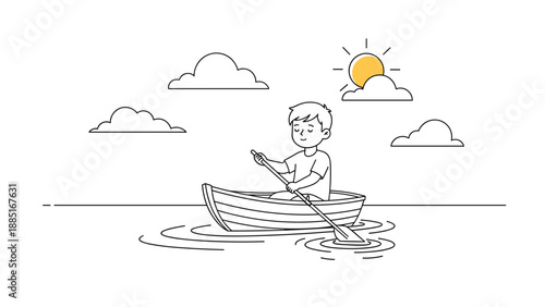A simple black and white line art illustration of a young boy peacefully rowing a small boat on the water on a sunny day.
