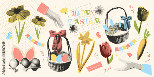 Happy Easter element set with eggs, flowers, hands, basket and more. Spring holiday concept in vintage collage halftone style. Cute pastel vector illustration in pink, yellow, blue colors
