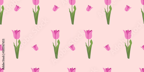 Seamless Pattern witth Tulips on Pink Background. Vector Flower Seamless Pattern with cute summer Tulip. Summer or Spring Print for Fabric, Packaging, Texture, Background, Wallpaper, Easter.