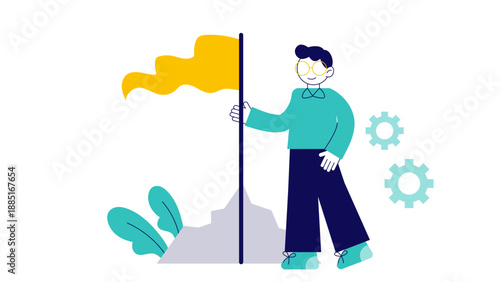 A professional businessman standing proudly on a mountain peak holding a yellow flag symbolizing achievement and success