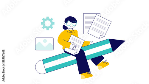 A businesswoman sitting on a giant pencil while managing various floating documents and digital folders