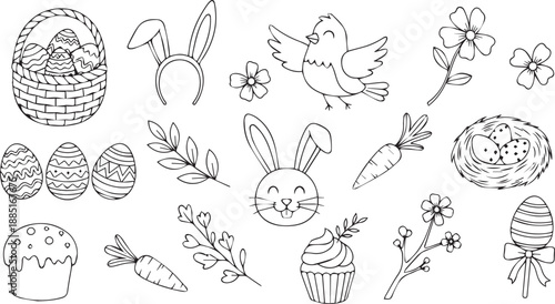 Easter collection of hand drawn doodle illustrations featuring bunny and eggs with basket and spring elements on transparent background