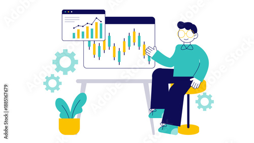 A professional manager analyzing financial stock market charts and candlestick graphs on a digital screen