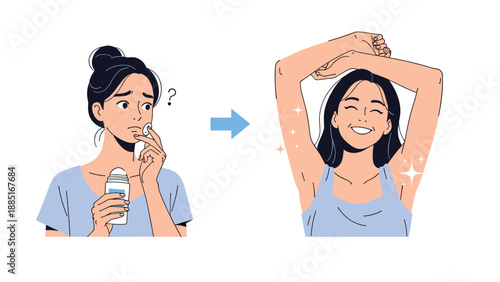 A before and after illustration of a woman looking concerned about her underarms and then smiling confidently with smooth, fresh armpits.