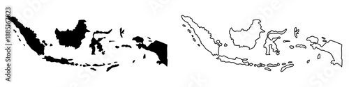 Indonesia country vector map in minimalist style. Simple black outline illustration of the country map.Indonesia silhouettes linear and black illustration. Black and white map. Vector editable	