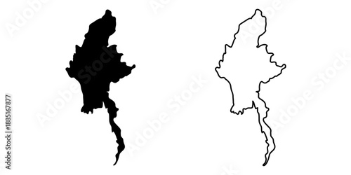 Myanmar country vector map in minimalist style. Simple black outline illustration of the country map.Myanmar silhouettes linear and black illustration. Black and white map. Vector editable	