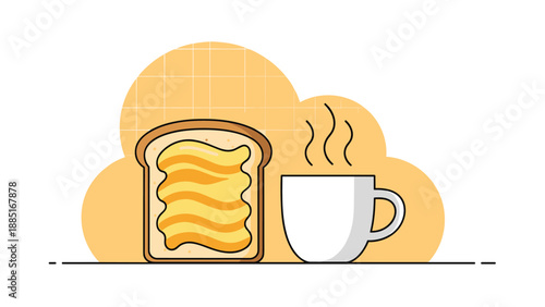 A simple and cozy illustration of a slice of toast with butter or peanut butter next to a steaming hot cup of coffee or tea.