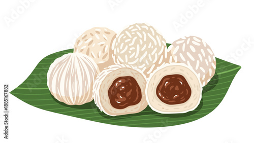 A detailed illustration of Chinese tangyuan, or sweet glutinous rice balls, with a red bean paste filling, served on a green leaf.