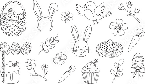 Set of easter line art drawings. sketch vector illustration with spring holiday symbols isolated on transparent background