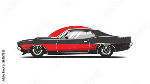 Classic American Muscle Car Silhouette with Sun.