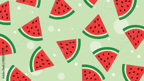 A cute and simple seamless pattern of red watermelon slices on a light green background with white polka dots for a summery feel.
