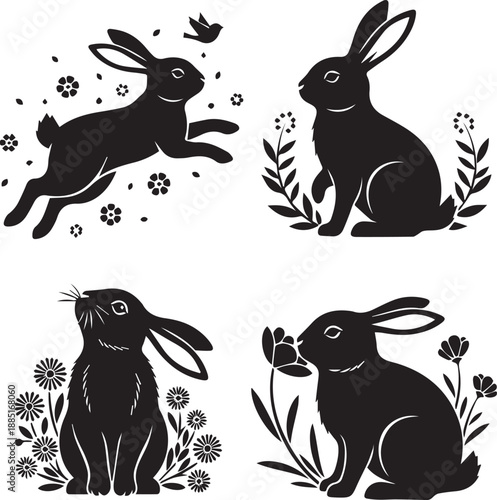 Cute rabbit silhouettes with flowers and bird illustration for spring or easter holiday