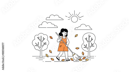 A minimalist line art illustration of a girl raking fallen autumn leaves in a park under a bright sun on a clear day.
