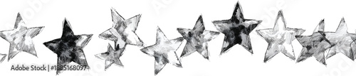 A series of hand-drawn star shapes, each with varying shades and angles on a transparent background