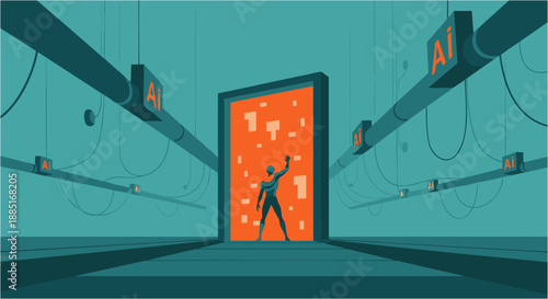 A futuristic digital corridor with a human-like figure standing before an illuminated portal, symbolizing artificial intelligence and technological advancement.