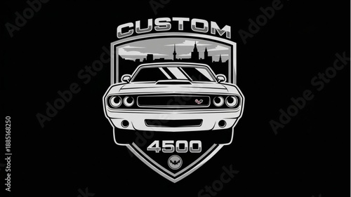 Custom Muscle Car Emblem with Cityscape Silhouette.