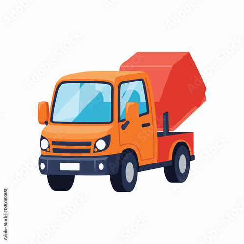 A cartoon orange truck with a red dumpster