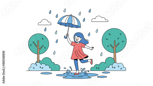 A cheerful line art illustration of a young girl with an umbrella happily jumping in a puddle on a rainy day in a park.