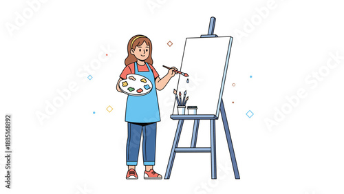 A simple line art illustration of a female artist in an apron, holding a palette and paintbrush while painting on a canvas on an easel.