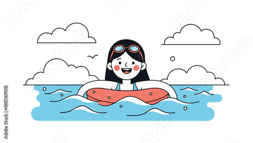 A simple and cute line art illustration of a happy girl wearing goggles and using a floatie to swim in the water under clouds.