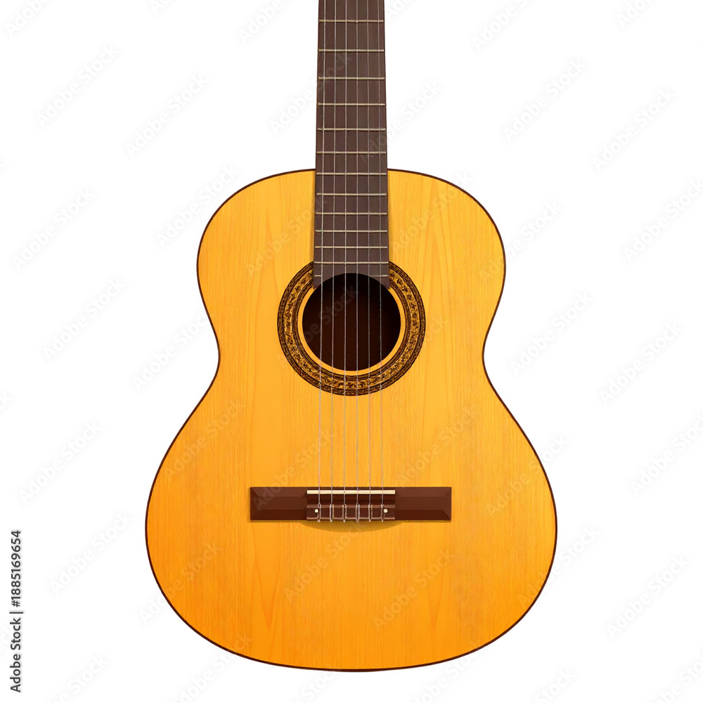 Obraz premium Classic wooden acoustic guitar musical instrument with brown strings isolated on a white background for professional audio and classical music concert equipment