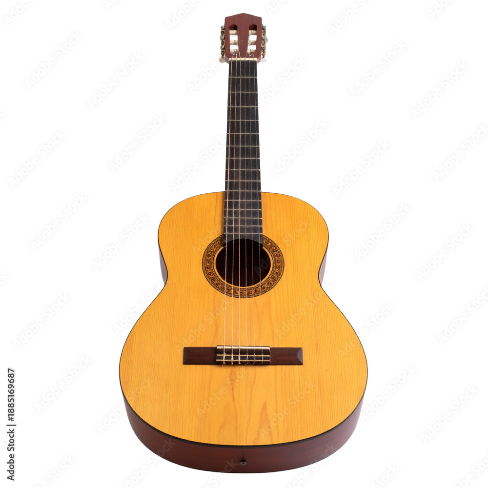 Obraz premium Classic wooden acoustic guitar musical instrument with brown strings isolated on a white background for professional audio and classical music concert equipment