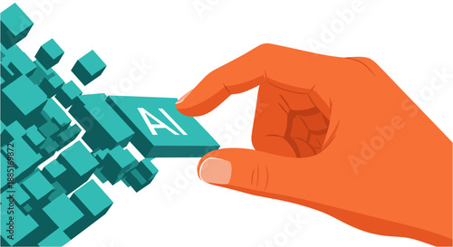 A human hand carefully places a block labeled 'AI' into a complex, evolving digital structure of turquoise cubes, symbolizing artificial intelligence integration and development.