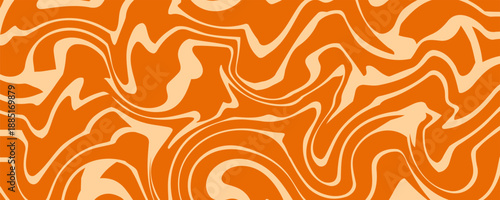 Retro caramel line background. Salted caramel liquid desert texture. Wavy swirl candy pattern for poster, cover, banner, pamphlet. Orange nougat hippie wallpaper in 60s or 70s style. Vector