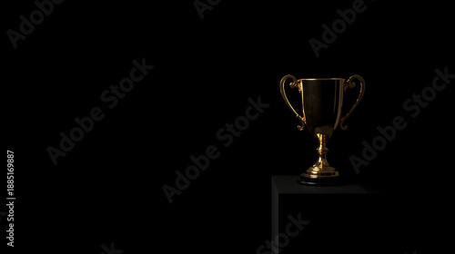 A minimalist photograph featuring a golden trophy cup with elegant handles, situated on a black pedestal and illuminated by a soft spotlight. The trophy occupies the right side of the frame.