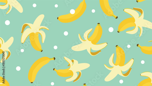 A playful and seamless pattern of whole and peeled yellow bananas on a light teal background with white polka dots for a tropical vibe.
