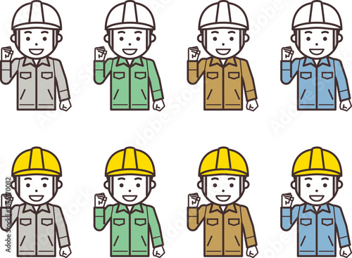 ガッツポーズをするヘルメットと作業服を着用した男性のアイコン