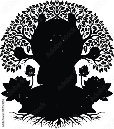 Silhouette Buddha with Lotus and Tree of Life Design