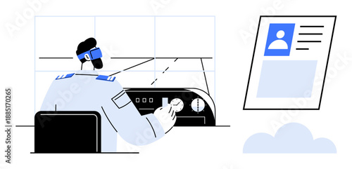 Aviation technology. Pilot monitoring aviation systems and an identity card displayed in a cloud-based interface. Aviation technology innovates safety in air travel, navigation, and digital systems