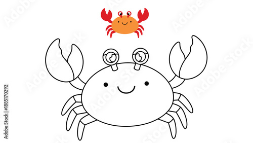 A simple and cute crab coloring page for preschool children, with a small colored crab as a reference for the young artist.