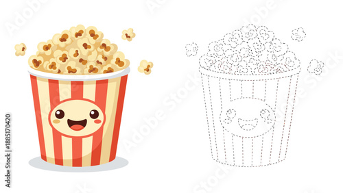 A connect the dots and coloring activity page for children featuring a cute and happy cartoon bucket of movie theater popcorn.