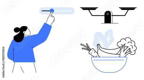 Healthy living, decision-making, lifestyle balance, nutrition, personal goals, self-improvement. A woman adjusts a slider, balance scale bowl of vegetables. Healthy living and decision-making