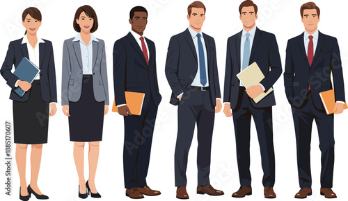 Group of Business Professionals in Formal Attire Holding Documents, Representing Corporate Teamwork, Office Environment, and Workplace Presentation Standards