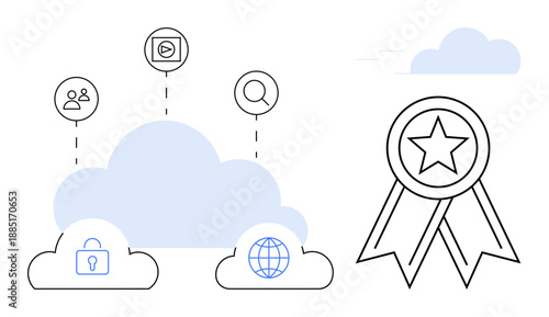 Cloud services, cybersecurity, data storage, networking, digital connectivity, recognition symbols. Visual features include clouds, security lock user icons search magnifier and badge. Cloud