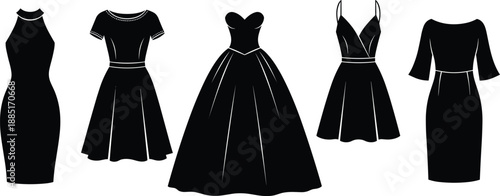 Silhouettes of Five Distinct Black Dresses Showcasing Varied Necklines, Sleeve Lengths, and Skirt Shapes for Fashion Style Comparison