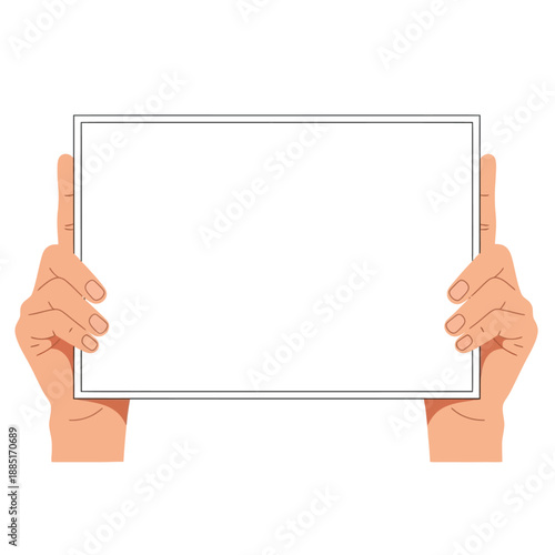 Two hands holding a blank white rectangular sign for text or graphic content on a white background, ready for your custom message
