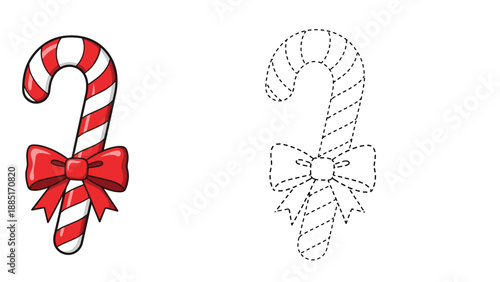 A Christmas-themed connect the dots and coloring worksheet for children, featuring a festive candy cane with a large red bow.