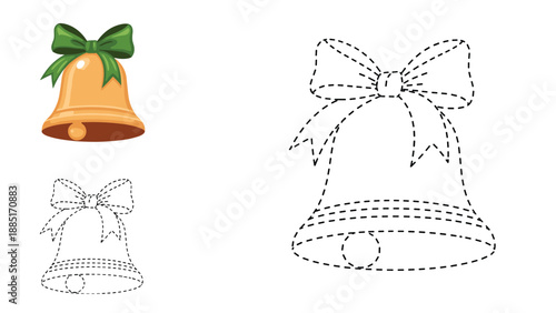 An educational Christmas worksheet for children featuring a connect the dots and tracing game to draw a festive jingle bell with a bow.