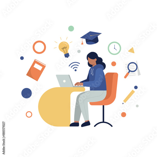 Online Learning Student Using Laptop – E-Learning Education Flat Illustration