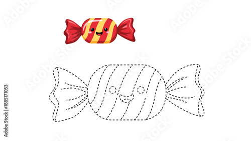 Adorable connect the dots and coloring activity for children featuring a kawaii striped candy with a happy smiling face.